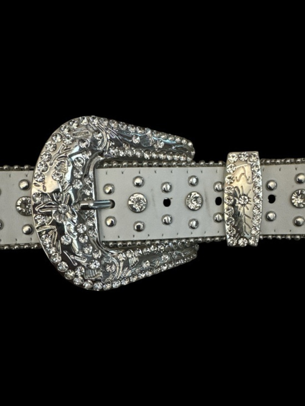White Rhinestone Western Buckle Belt - Decorative Crosses & Silver Hardware